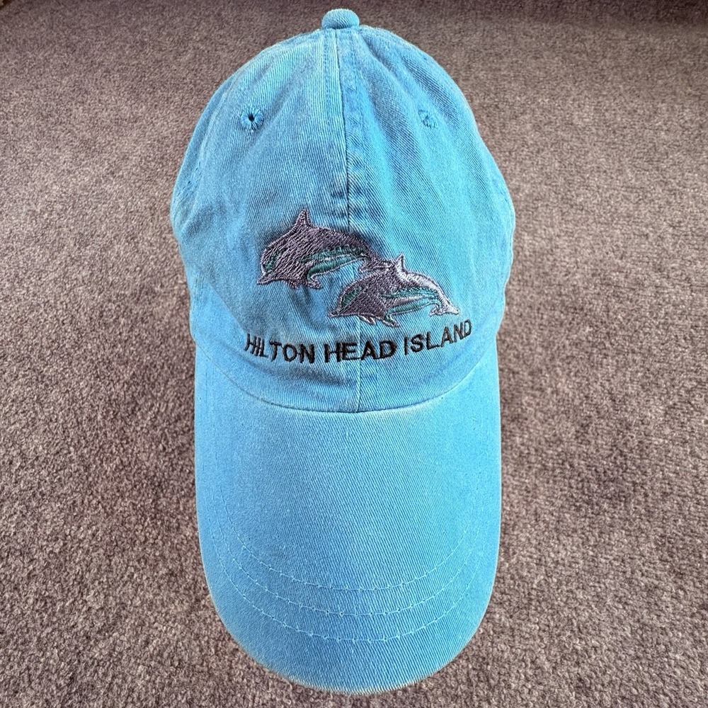 Vintage Y2K Hilton Head Island Dolphin Ball Cap Hat Blue Leather Strapback Beach
